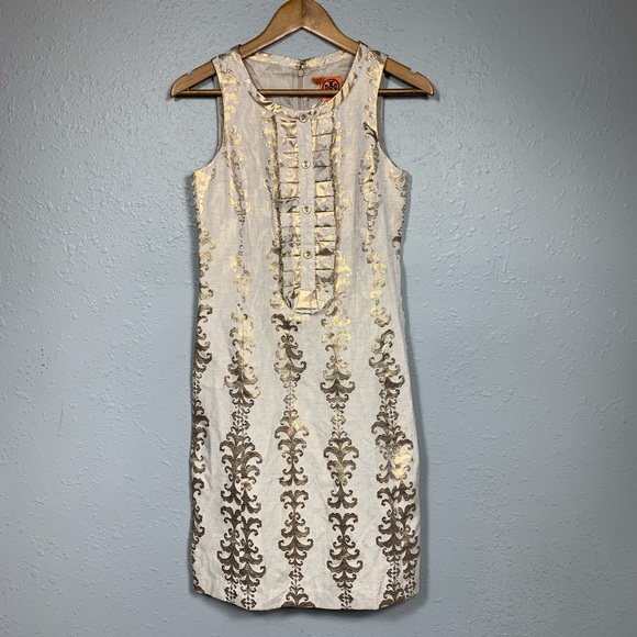 TORY BURCH NEW Maggie Gold Foil Jaquard Dress Sz 2 - Picture 1 of 7